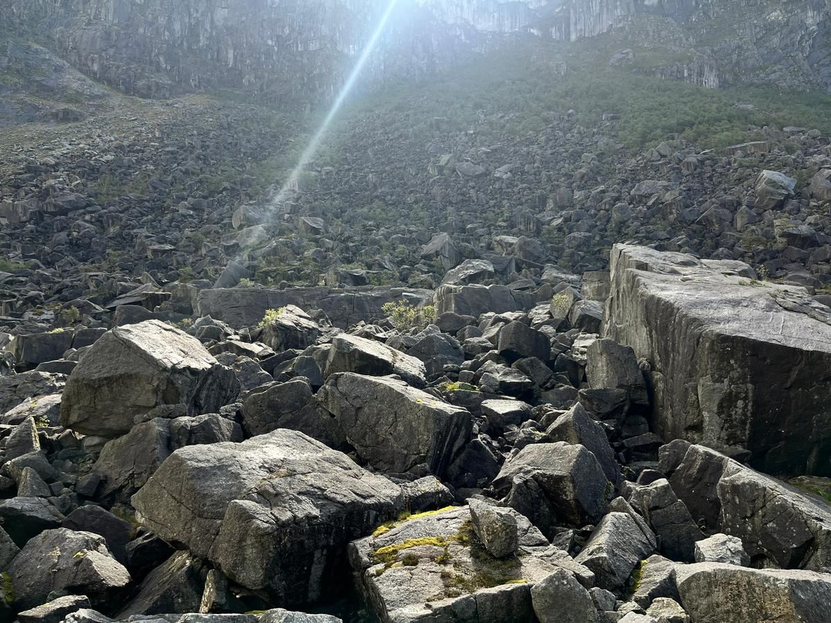 The leftover skree from a rockfall at Gloppededalsura Magma Geopark